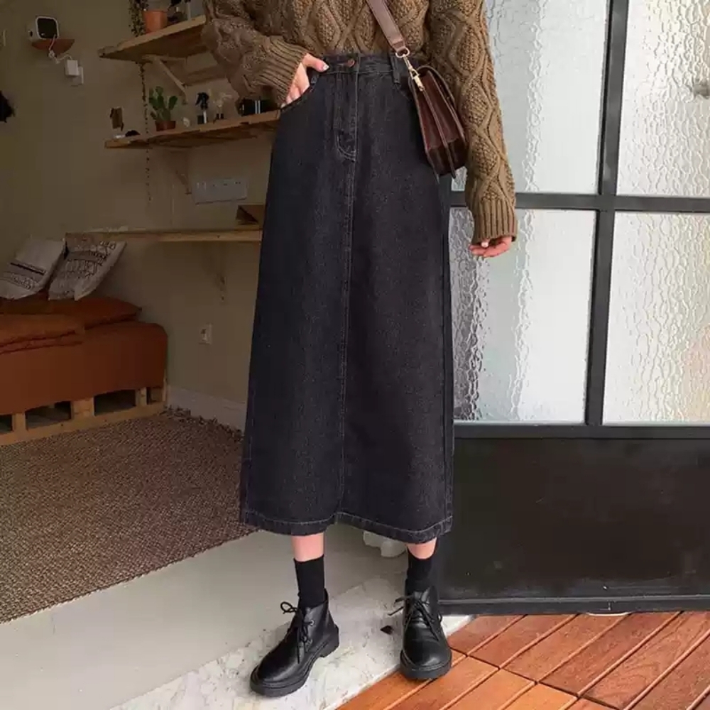 adjustable denim maxi dress